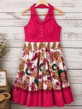 MAGIC‎ SIZE L HALTER TOP SUMMER DRESS HOT PINK PAISLEYS MULTICOLOR VACATION NWT